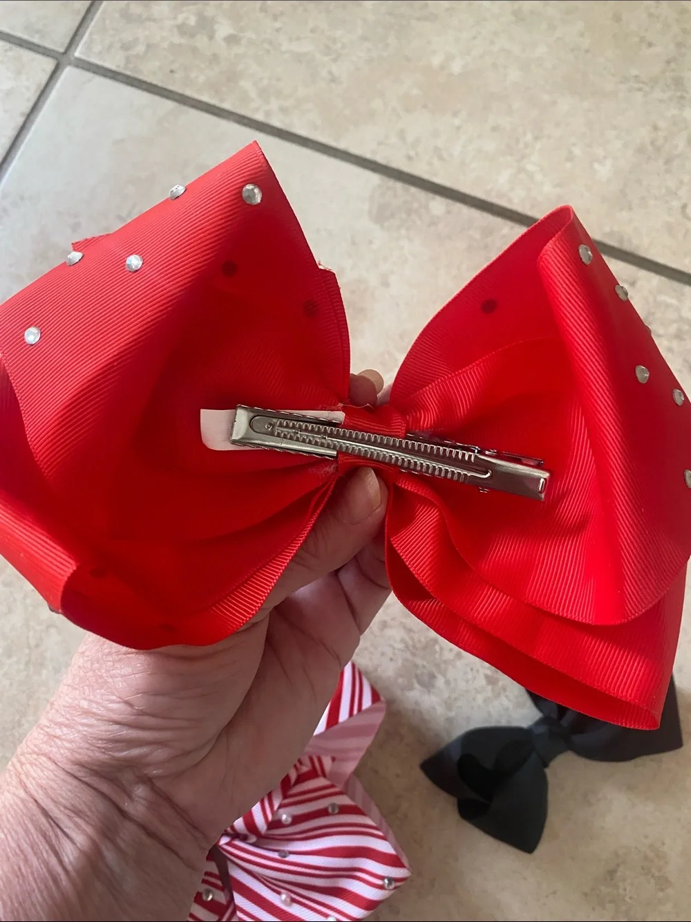 Bundle of 3 Red, Black & Red White Strip Girls Hairbows 2 Large 1 Medium